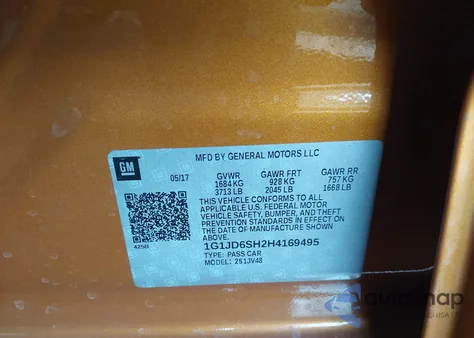 2017 Chevrolet Sonic Lt Auto z USA, uszkodzony, nr VIN 1G1JD6SH2H4169495